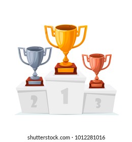 Gold, silver, bronze trophy cups. Winner goblet on podium. Cartoon style trophy cups on white pedestal isolated.. 1st, 2st, 3st place. Handing awards to winner. Vector illustration