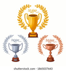 Gold, silver, and Bronze trophy cups with laurel wreaths. Trophy award cups set with different shapes - 1st, 2nd, and 3rd place winner trophies. Cartoon style vector illustration.