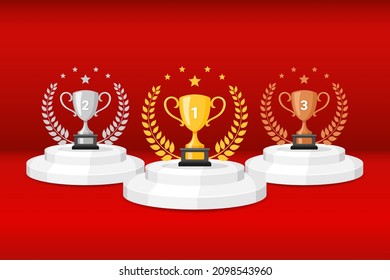 Copas de trofeo de plata de oro de bronce. Cups de premios ganadores de juegos, íconos de premios de goblet ilustraciones vectoriales con coronas de laurel