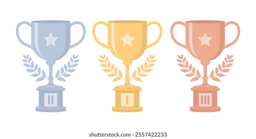 Gold, silver and bronze trophy cups decorated by laurel wreaths, isolated on a white background. Flat vector illustration