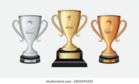 Gold, Silver, and Bronze Trophy Cups: Championship Sports Awards for First, Second, and Third Place - Vector Design