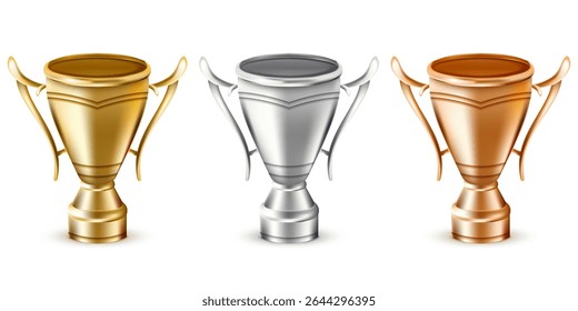 Gold, silver and bronze trophy cups set. Vector 3d realistic award prize illustration. Champion trophy icons. Design elements reward for championship winners, quality certificate and ranking