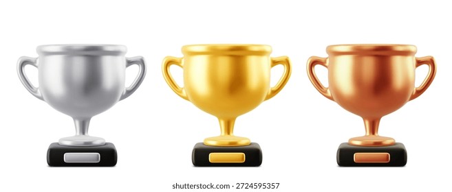 Juego de tazas de trofeo de oro, plata y bronce. Vector 3D realista premio ilustración. Iconos de trofeo de campeón. Elementos de diseño recompensan a los ganadores del campeonato