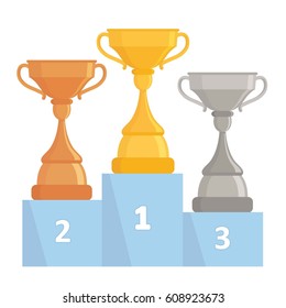 Gold, Silver and Bronze Trophy Cups. Tree winner cups on podium. Flat design.