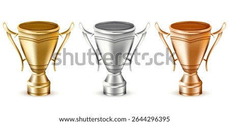 Gold, silver and bronze trophy cups set. Vector 3d realistic award prize illustration. Champion trophy icons. Design elements reward for championship winners, quality certificate and ranking