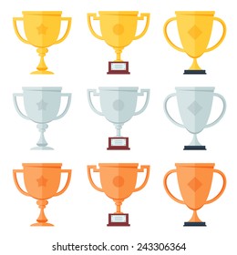 Trofeo dorado, plata, bronce en iconos planos. 