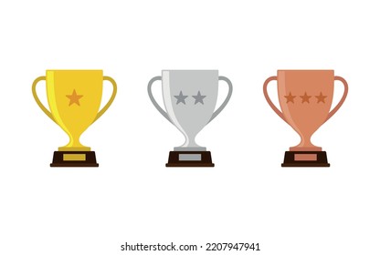 Gold, silver and bronze trophy icons. Vector trophy cups in flat style.