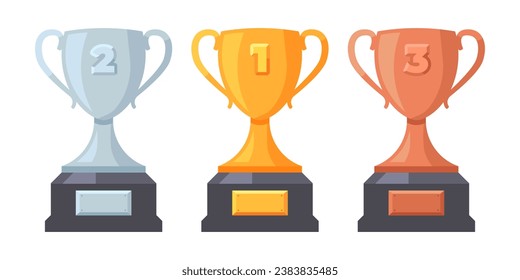 Gold, silver and bronze trophy with numbers for awarding. Minimalistic illustrations of cups with shadows and lights.