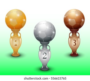 Gold, silver and bronze trophy. Soccer cup. Football championship. Vector illustration on white background.
