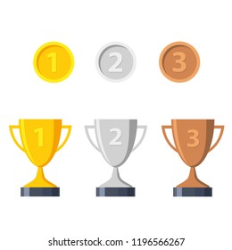 Gold, silver and bronze trophy winners cup and medals. Trophy cup. Medal. Awards. Vector illustration. 