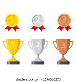 Gold, silver and bronze trophy winners cup and medals. Trophy cup. Medal. Awards. Vector illustration. 