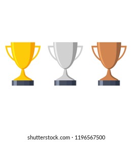 Gold, silver and bronze trophy winners cup and medals. Trophy cup. Medal. Awards. Vector illustration.