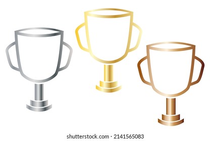 Gold silver bronze vector winner cup icons isolated on white background. Flat trophy icon. Simple champion's cup icon in minimalist style. Sport competitions graphic design element, success symbol.