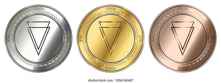 Gold, silver and bronze Verge (XVG) cryptocurrency coin. Verge (XVG) coin set.