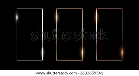 Gold, silver and bronze vertical rectangle thin frames. Metal photo or picture frames isolated on black background. Simple object mockup. 3d realistic empty template vector illustration set.