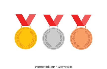 Gold, silver and bronze Victory Award Medals with red ribbon for sports apps and websites