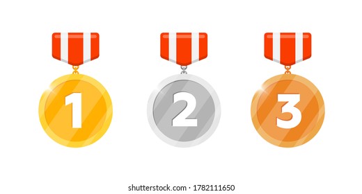 Gold silver bronze victory medal reward set with first second third place number and striped ribbon for video game apps icon. Bonus achievement award. Winner trophy isolated flat vector illustration