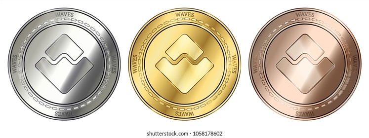 Gold, silver and bronze Waves (WAVES) cryptocurrency coin. Waves (WAVES) coin set.