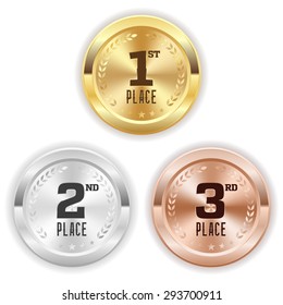 Gold, silver and bronze winner badge on white background