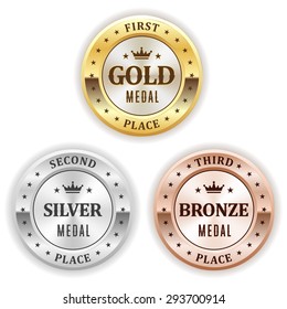Gold, silver and bronze winner badge on white background