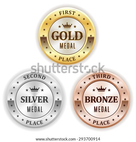 Gold, silver and bronze winner badge on white background