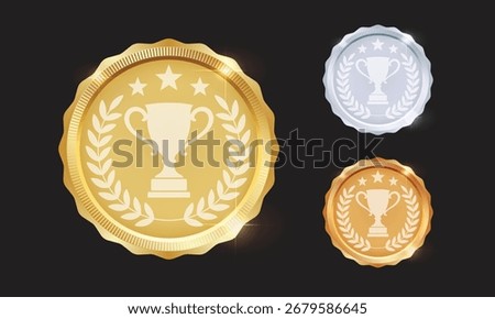 Gold, Silver, and Bronze Winner Cup Medals – Champion Trophy Award Badges, Victory Symbol, and Achievement Icons Vector Illustration
