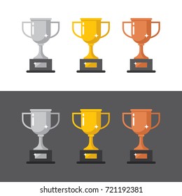 Gold, silver and bronze winner cups icons in flat style isolated on white and black backgrounds. First, second and third place win symbol.