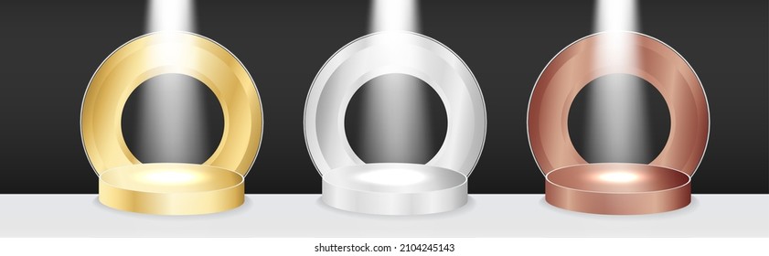 Gold, silver, bronze winner podium set. Realistic 3D award stage background with light. Champion 1, 2, 3 place pedestal mock up template on black. Vector illustration