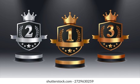 Oro, plata y bronce ganador escudo trofeo conjunto en el podio del escenario con corona y estrellas, 1.º 2.º 3.º lugar insignias, Premium campeón diseño de emblemas, Ilustración vectorial de logros de lujo