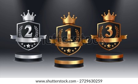 Gold, Silver and Bronze Winner Shield Trophy Set on Stage Podium with Crown and Stars, 1st 2nd 3rd Place Award Badges, Premium Champion Emblem Design, Luxury Achievement Vector Illustration