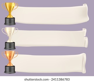 El oro, la plata, el ganador de bronce trofeo galardones con cintas abstractas medievales de diseño herálgico para ilustración vectorial de primer, segundo y tercer lugar