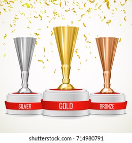 Gold, silver and bronze winners cup with confetti. Metallic trophy cup on the podium. Vector illustration.