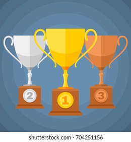 Gold, silver and bronze winners sports trophy cups. Vector classification icons. Set of trophy cups for award illustration