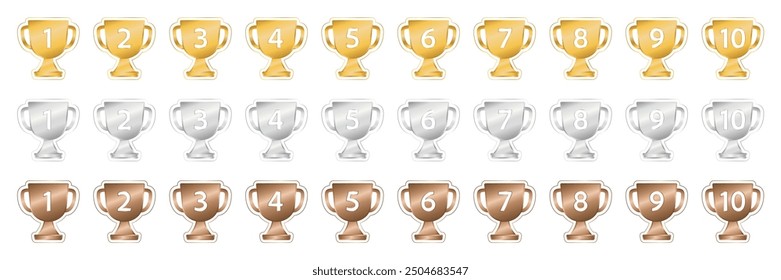 Gold, silver and bronze winning cup number icon illustration set.