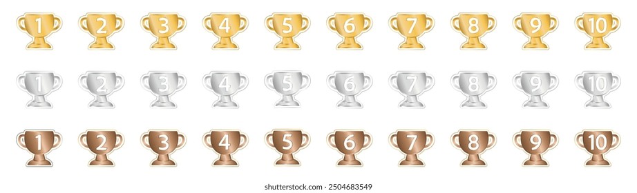 Gold, silver and bronze winning cup number icon illustration set.
