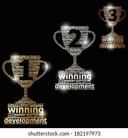 Gold, silver and bronze word cloud cup prize
