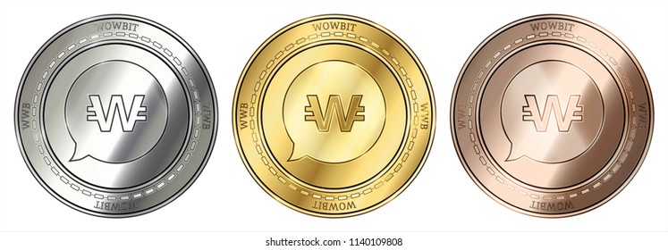 Gold, silver and bronze Wowbit (WWB) cryptocurrency coin. Wowbit (WWB) coin set.