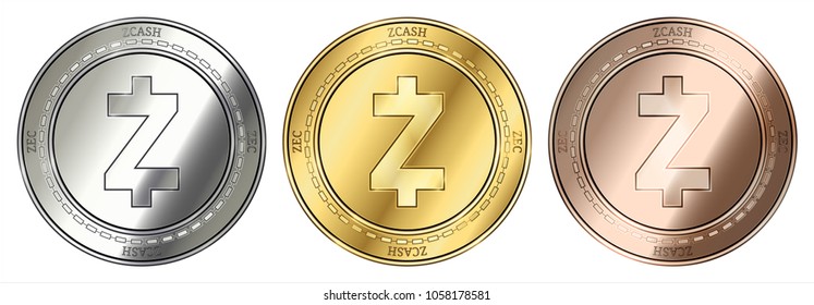 Gold, silver and bronze Zcash (ZEC) cryptocurrency coin. Zcash (ZEC) coin set.