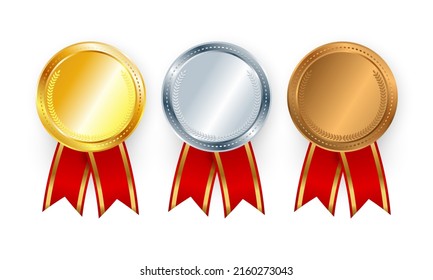 Bronce dorado plateado dorado realista en 3d, medalla de plata, bronce con cintas rojas cerradas aisladas en fondo blanco. Premios para el primer, segundo y tercer lugar. Ilustración vectorial. insignia. Vector
