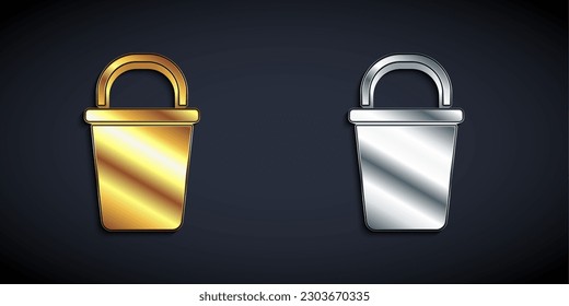 Gold and silver Bucket icon isolated on black background. Cleaning service concept. Long shadow style. Vector