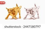 Gold and silver Bull realistic 3d cartoon style. Bull isolated on white background. Vector illustration