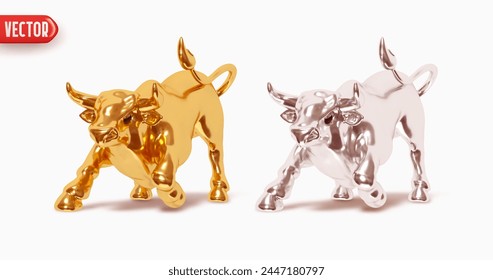 Gold and silver Bull realistic 3d cartoon style. Bull isolated on white background. Vector illustration