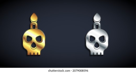 Gold and silver Burning candle on a skull icon isolated on black background. Day of dead. Long shadow style. Vector