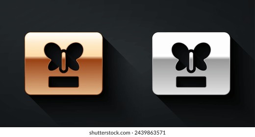 Gold and silver Butterfly in a frame icon isolated on black background. Herbarium. Long shadow style. Vector