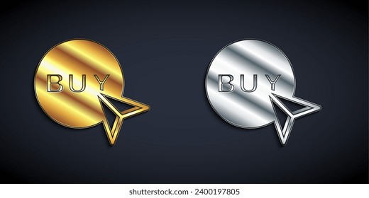 Gold and silver Buy button icon isolated on black background. Long shadow style. Vector