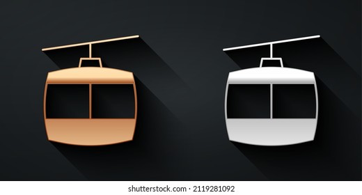 Gold and silver Cable car icon isolated on black background. Funicular sign. Long shadow style. Vector