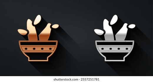 Gold and silver Cactus peyote in pot icon isolated on black background. Plant growing in a pot. Potted plant sign. Long shadow style. Vector