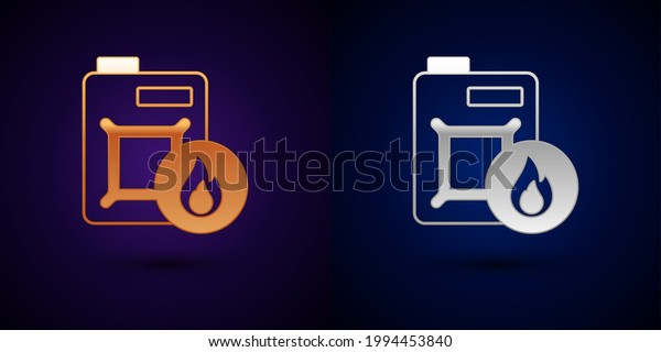 Gold and silver Canister for motor machine\
oil icon isolated on black background. Oil gallon. Oil change\
service and repair. Engine oil sign. \
Vector