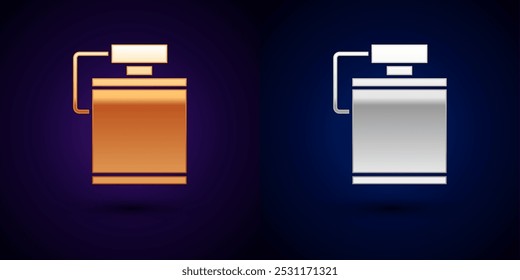 Gold and silver Canteen water bottle icon isolated on black background. Tourist flask icon. Jar of water use in the campaign.  Vector