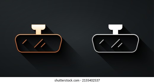 Gold and silver Car mirror icon isolated on black background. Long shadow style. Vector